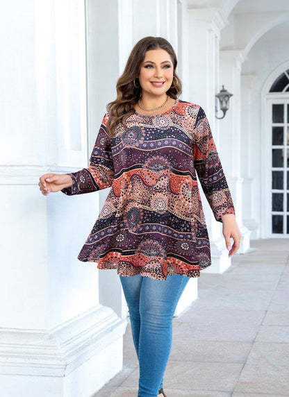 Women's Plus Size Tunic Top | 3/4 Sleeve Brown Orange Flowy Swing Flare Blouse S-4XL A41