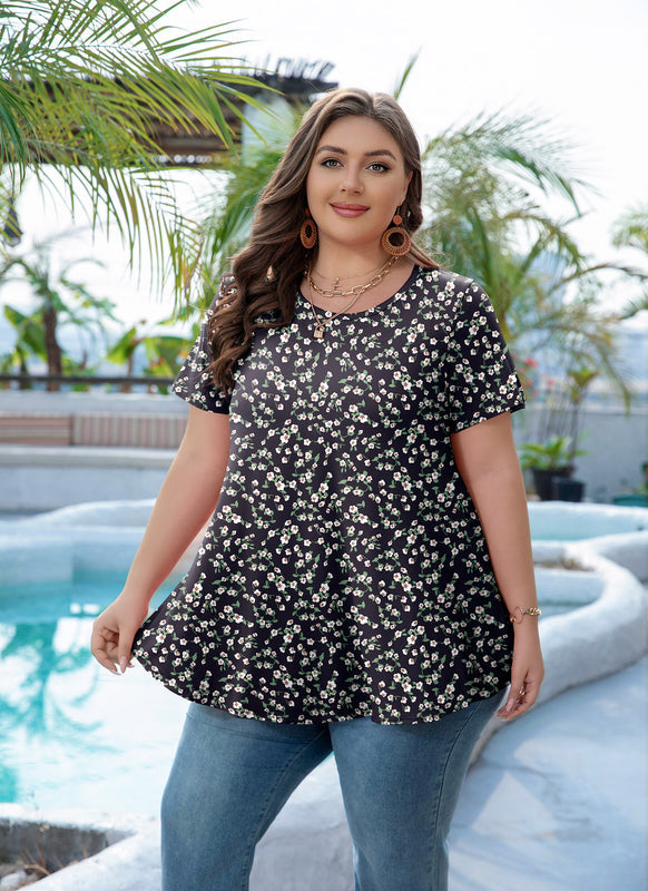 Women's Plus Size Black & White Floral Tunic Top – Short Sleeve Swing Blouse e9