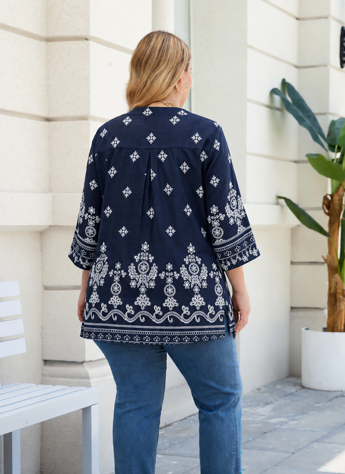 Plus Size Navy & White Border Print Tunic Top L11
