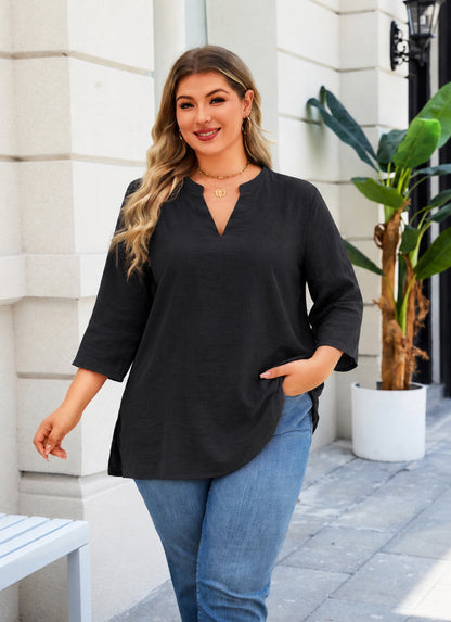 Plus Size Black Split V-Neck Tunic Top  L13