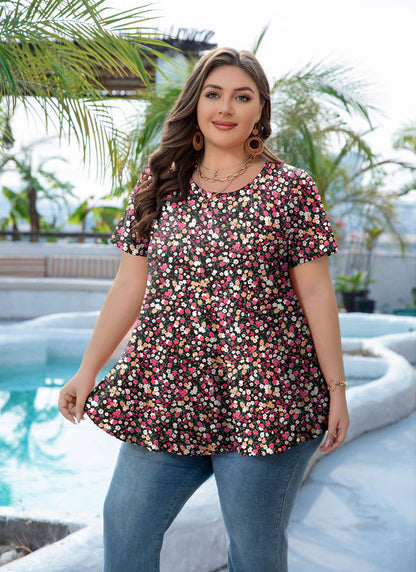 Women's Plus Size Pink Floral Tunic Top – Short Sleeve Casual Swing Blouse e5