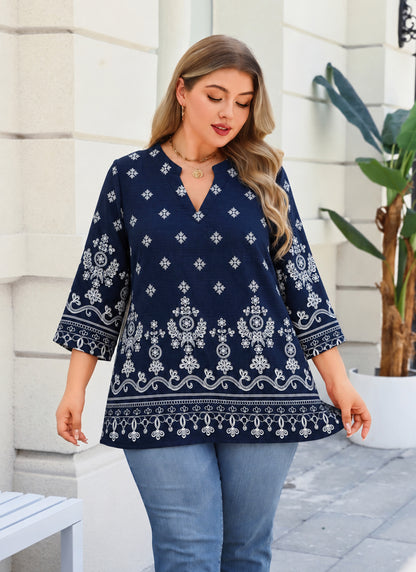 Plus Size Navy & White Border Print Tunic Top L11