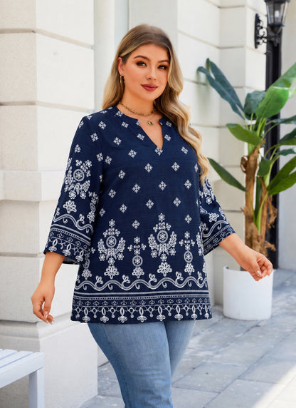 Plus Size Navy & White Border Print Tunic Top L11