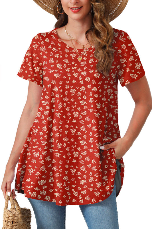 Rust Red Ditsy Floral Print Tunic Top – Women's Plus Size Short Sleeve Swing Blouse to Wear with Leggings (S–7XL) b16