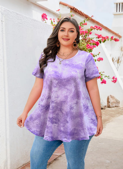 Women's Plus Size Tie Dye Tunic Top – Short Sleeve, Flowy Swing Blouse in Lavender b36