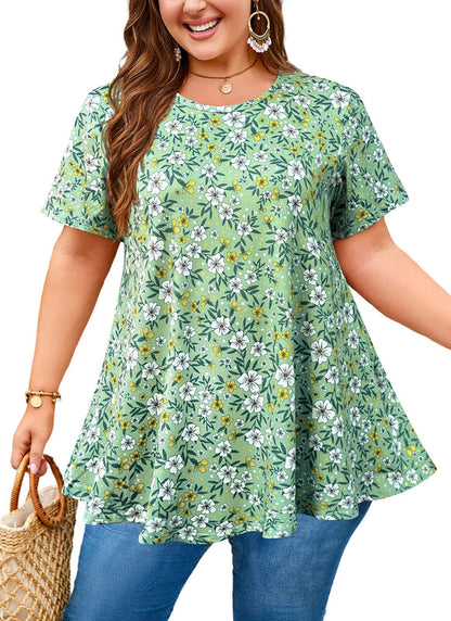 Women's Plus Size Sage Green Floral Tunic Top – Short Sleeve Swing Blouse e6