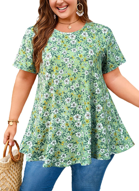 Women's Plus Size Sage Green Floral Tunic Top – Short Sleeve Swing Blouse e6
