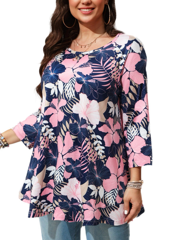 Pink Tropical Hibiscus Floral Tunic Top – Women's Plus Size 3/4 Sleeve Swing Blouse (S–7XL) A13