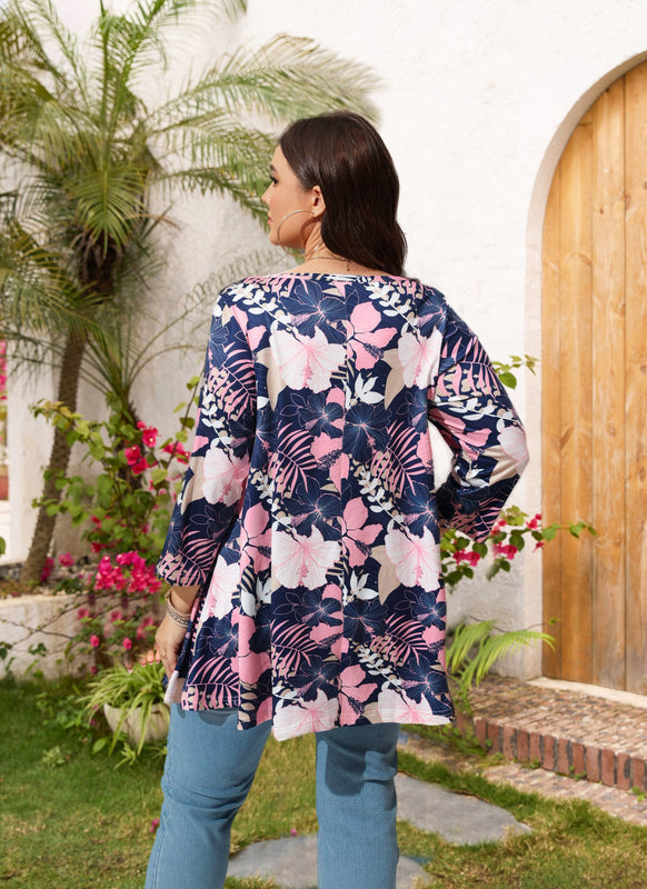 Pink Tropical Hibiscus Floral Tunic Top – Women's Plus Size 3/4 Sleeve Swing Blouse (S–7XL) A13