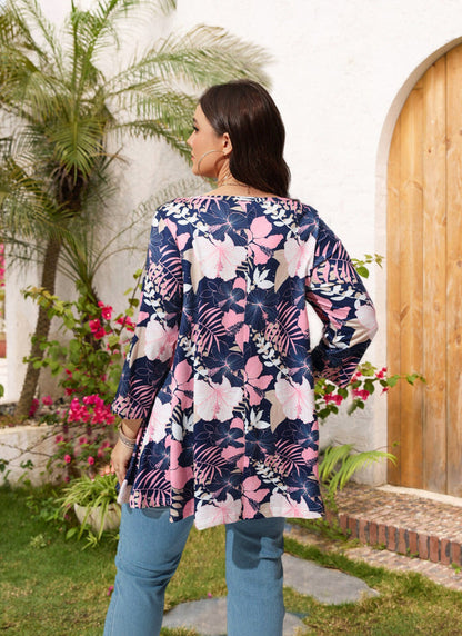 Pink Tropical Hibiscus Floral Tunic Top – Women's Plus Size 3/4 Sleeve Swing Blouse (S–7XL) A13