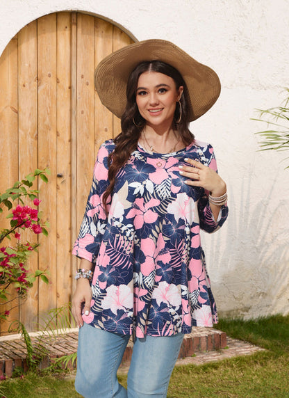 Pink Tropical Hibiscus Floral Tunic Top – Women's Plus Size 3/4 Sleeve Swing Blouse (S–7XL) A13