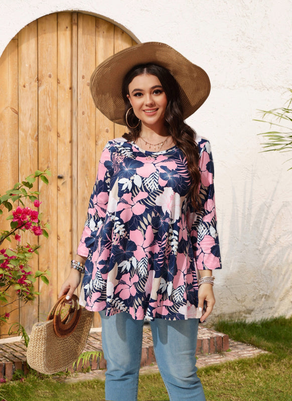 Pink Tropical Hibiscus Floral Tunic Top – Women's Plus Size 3/4 Sleeve Swing Blouse (S–7XL) A13