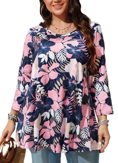 Womens Tops - Plus Size Tunics 3/4 Sleeve Loose Fit Dressy Casual Long Swing Flowy Lady Blouses Shirts Wear with Leggings Teals Blue Clothing A13 SATPF2