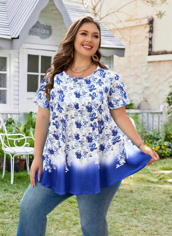 Women's Plus Size Floral Tunic Top – Short Sleeve, Flowy Swing Blouse to Wear with Leggings b30