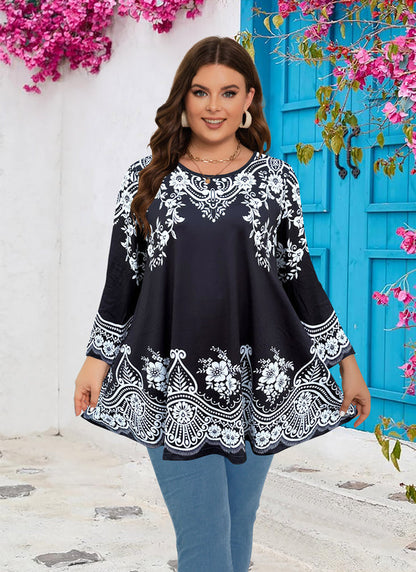 Women's Plus Size Tunic Top | Black & White Print Swing Flare Blouse for Leggings A40