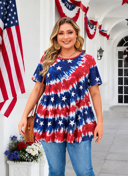 Women's Patriotic American Flag Tunic Top – Short Sleeve Summer Blouse B47