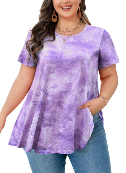 Women's Plus Size Tie Dye Tunic Top – Short Sleeve, Flowy Swing Blouse in Lavender b36