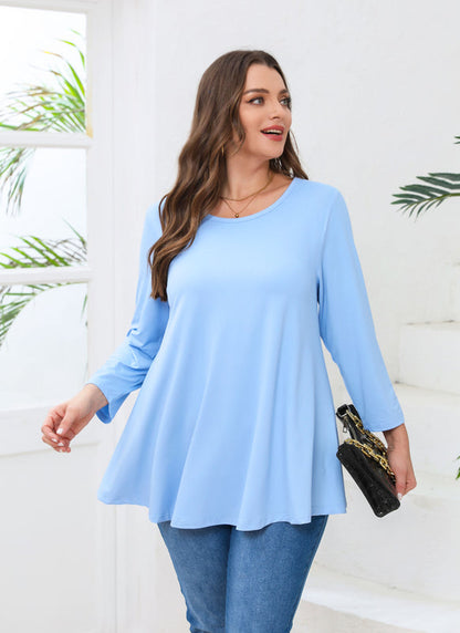 Women's Plus Size Tunic Top | 3/4 Sleeve Light Blue Swing Flare Blouse for Leggings A37