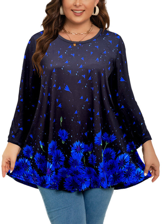 Women's Plus Size Royal Blue & Black Tunic Top – 3/4 Sleeve Swing Flare Blouse d7