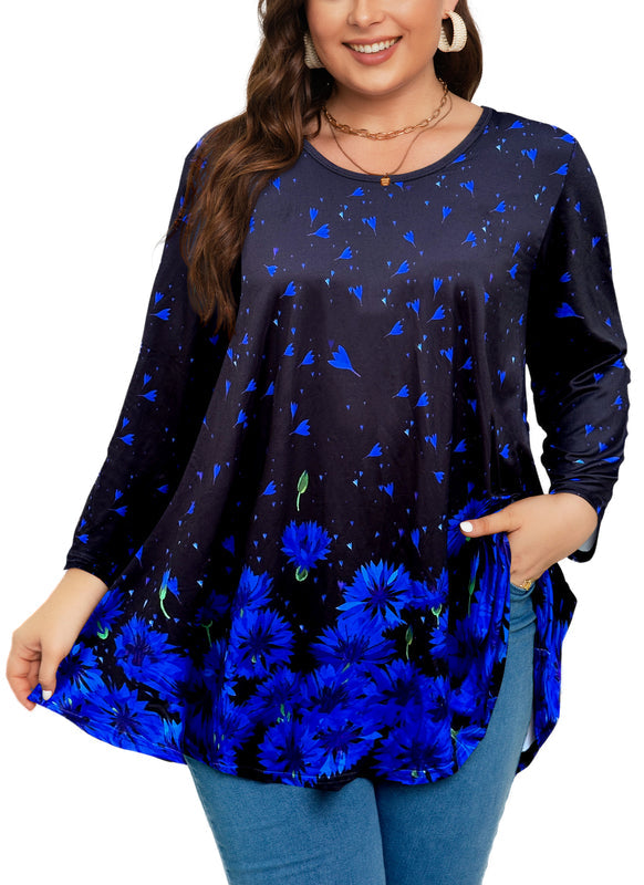 Women's Plus Size Royal Blue & Black Tunic Top – 3/4 Sleeve Swing Flare Blouse d7