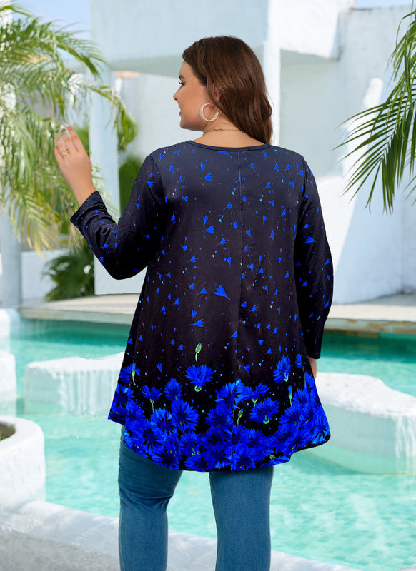 Women's Plus Size Royal Blue & Black Tunic Top – 3/4 Sleeve Swing Flare Blouse d7