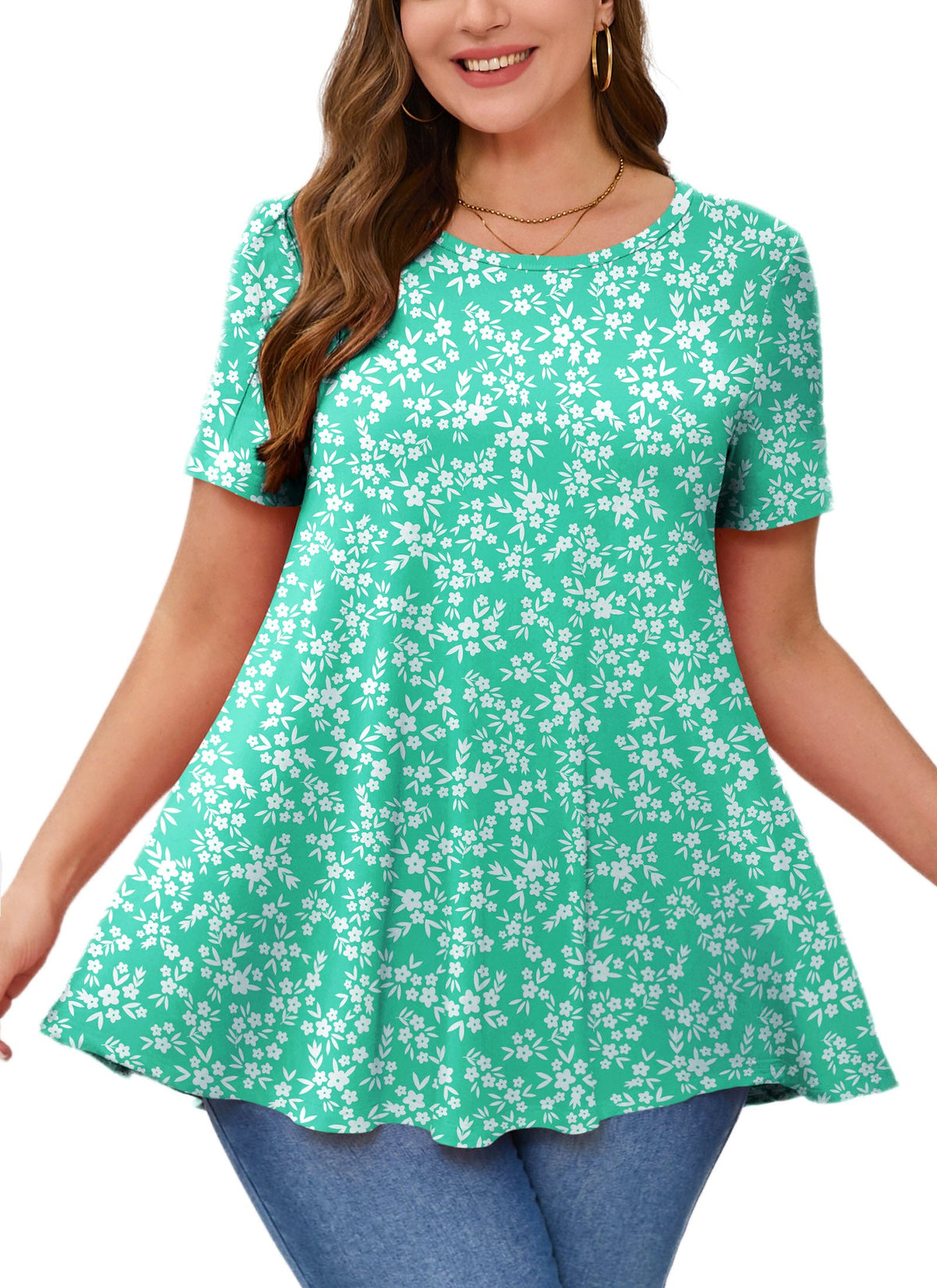 Turquoise Green Ditsy Floral Print Tunic Top – Women's Plus Size Short Sleeve Swing Blouse to Wear with Leggings b22
