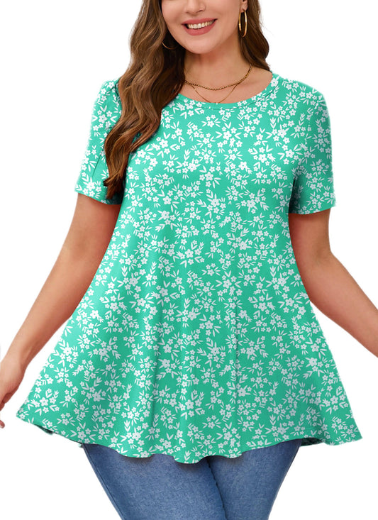 Turquoise Green Ditsy Floral Print Tunic Top – Women's Plus Size Short Sleeve Swing Blouse to Wear with Leggings b22