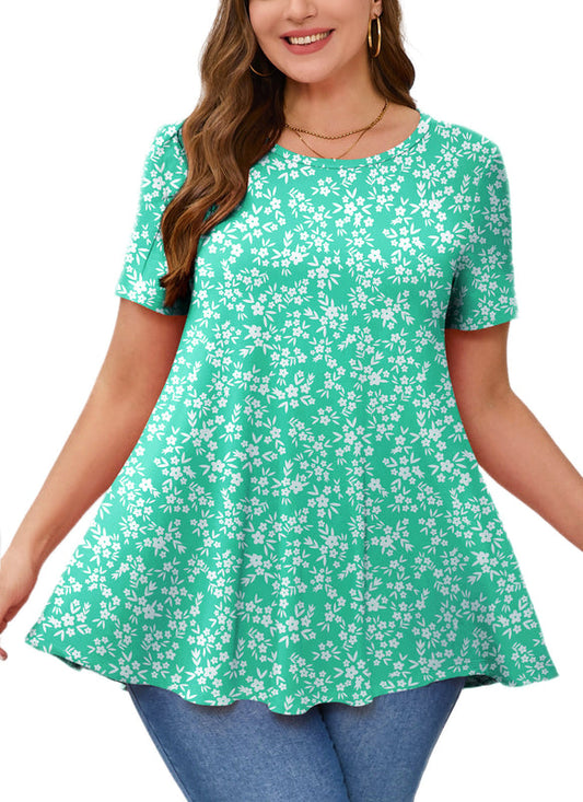 Turquoise Green Ditsy Floral Print Tunic Top – Women's Plus Size Short Sleeve Swing Blouse to Wear with Leggings b22