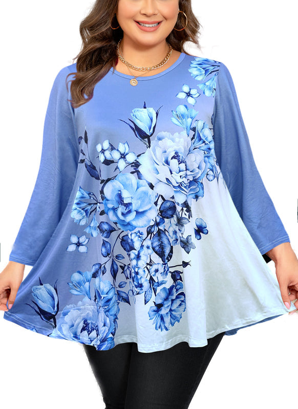 Women's Plus Size Blue & White Floral Tunic Top – 3/4 Sleeve Swing Flare Blouse d6