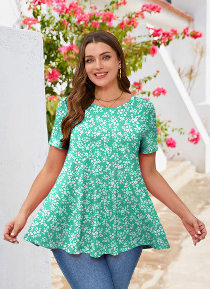 Turquoise Green Ditsy Floral Print Tunic Top – Women's Plus Size Short Sleeve Swing Blouse to Wear with Leggings b22