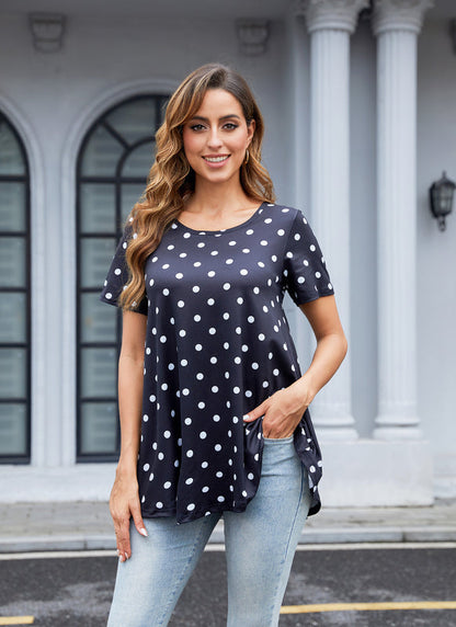 Navy Blue Polka Dot Print Tunic Top – Women's Plus Size Short Sleeve Swing Blouse to Wear with Leggings (S–7XL) b18
