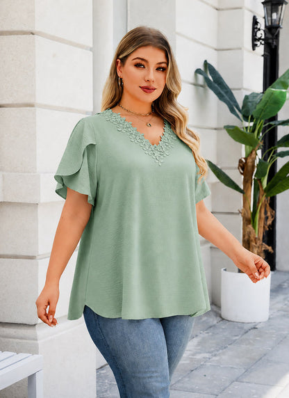 Women's Plus Size Floral Trim Tunic Top | V-Neck Short Sleeve Blouse – Sage Green I5