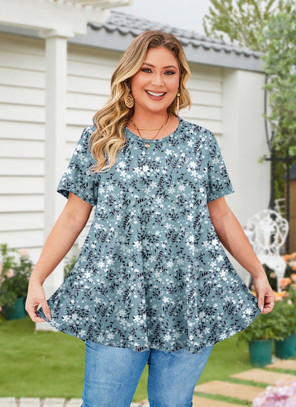 Women's Plus Size Teal & White Tunic Top – Short Sleeve Swing Blouse  e12