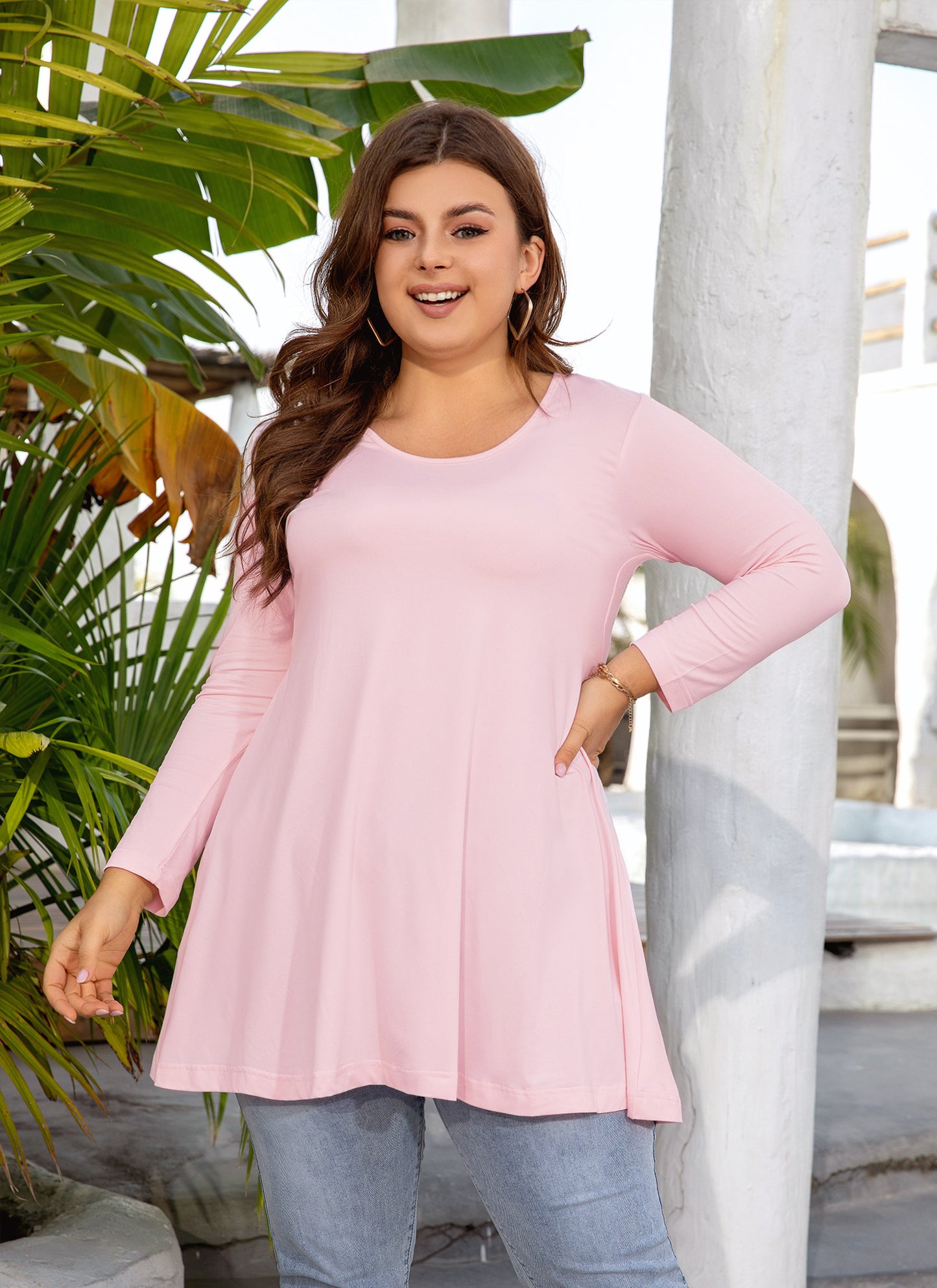 Womens Tops - Plus Size Tunics 3/4 Sleeve Loose Fit Dressy Casual Long Swing Flowy Lady Blouses Shirts Wear with Leggings Teals Blue Clothing A11 SATP