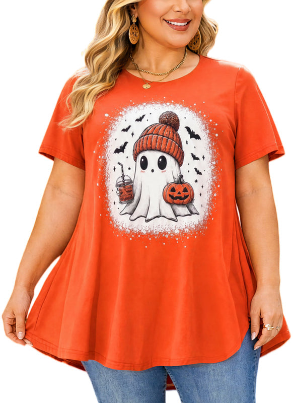 Women's Halloween Orange Tunic Top – Festive Print, Plus Size E27