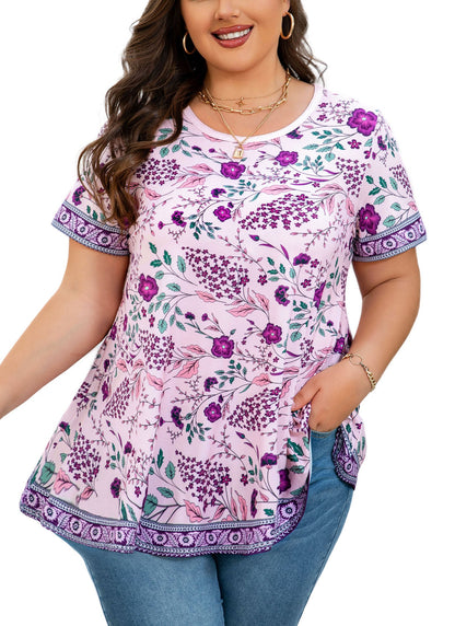 Women's Plus Size Purple Floral Tunic Top – Short Sleeve, Flowy Swing Blouse to Wear with Leggings b34