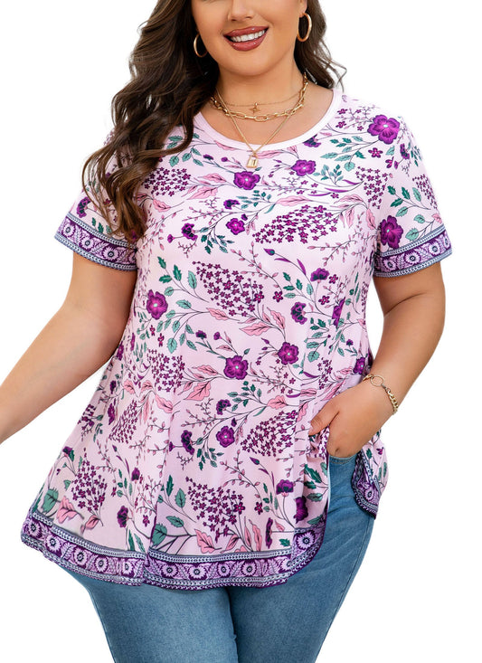 Women's Plus Size Purple Floral Tunic Top – Short Sleeve, Flowy Swing Blouse to Wear with Leggings b34