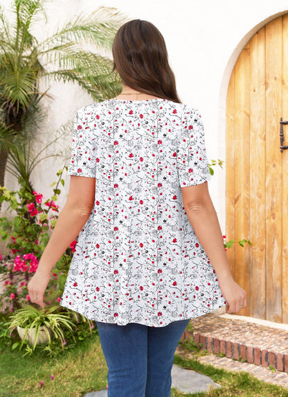 Women's Plus Size White Floral Tunic Top – Short Sleeve, Flowy Swing Blouse to Wear with Leggings b32