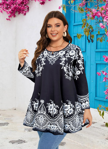 Women's Plus Size Tunic Top | Black & White Print Swing Flare Blouse for Leggings A40