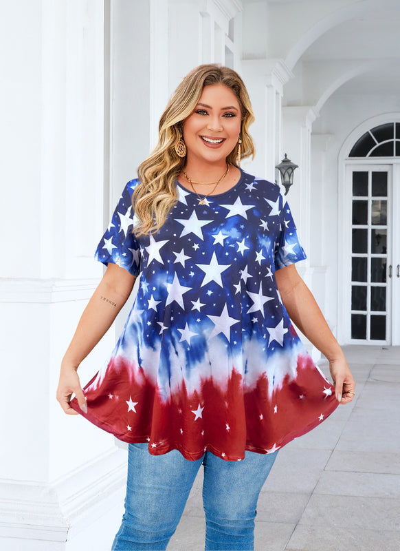 Women's Plus Size American Flag Tunic Top – Short Sleeve, Patriotic Swing Blouse to Wear with Leggings b40