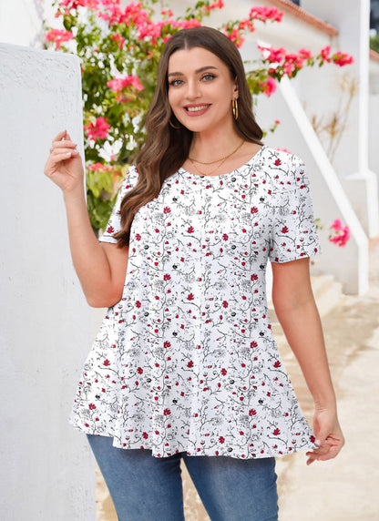 Women's Plus Size White Floral Tunic Top – Short Sleeve, Flowy Swing Blouse to Wear with Leggings b32