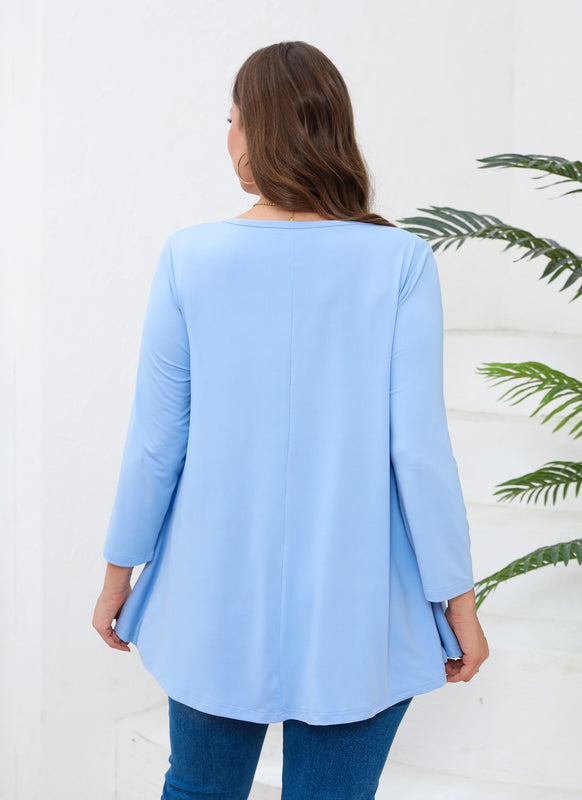 Women's Plus Size Tunic Top | 3/4 Sleeve Light Blue Swing Flare Blouse for Leggings A37