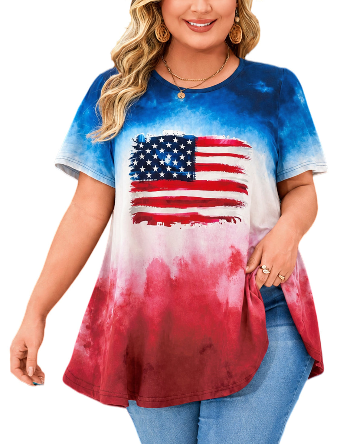 Women's Plus Size American Flag Tunic Top – Short Sleeve USA Patriotic Swing Blouse e21