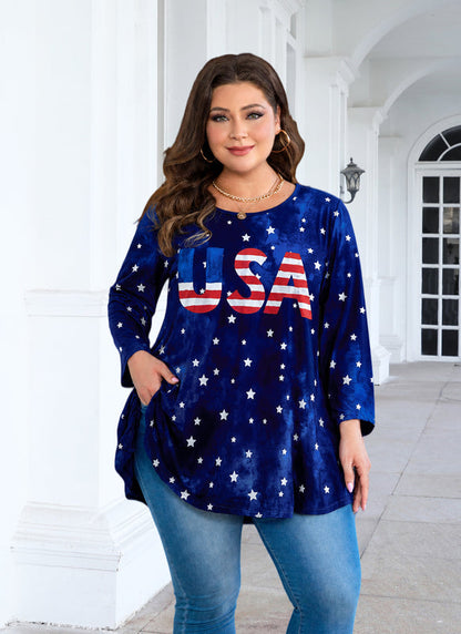 Women's Navy Blue & Red Plus Size Tunic Top – 3/4 Sleeve Swing Flowy Blouse A48