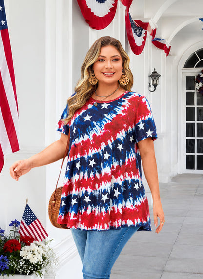 Women's Patriotic American Flag Tunic Top – Short Sleeve Summer Blouse B47