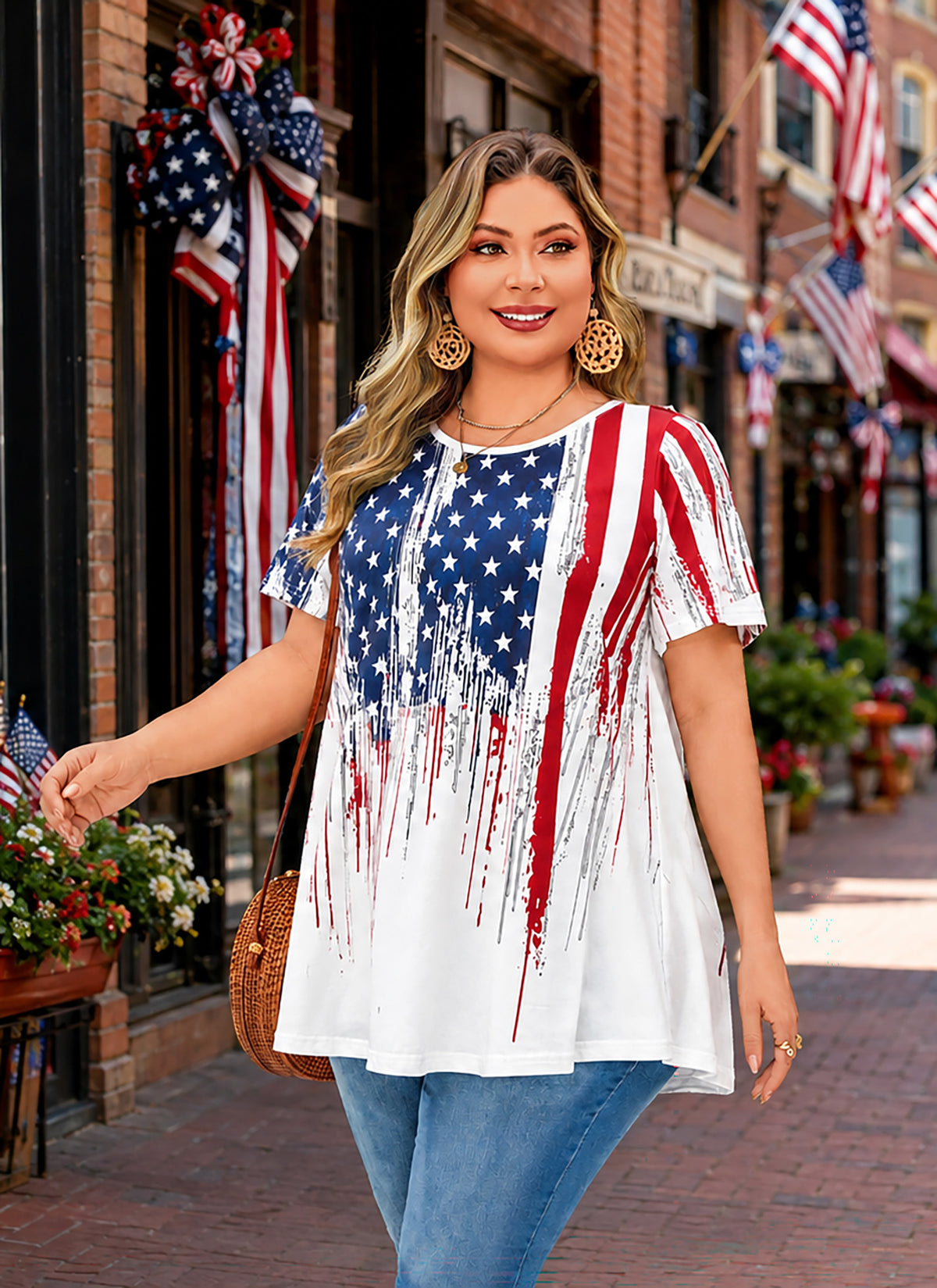 Plus Size White American Flag Print Tunic Top