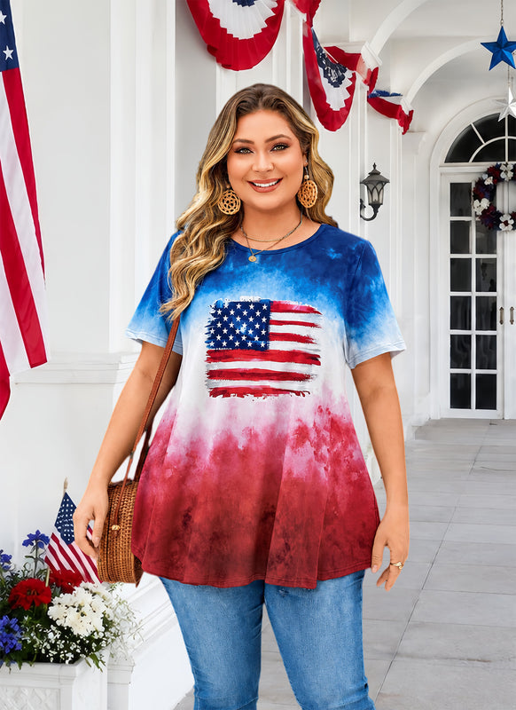 Women's Plus Size American Flag Tunic Top – Short Sleeve USA Patriotic Swing Blouse e21