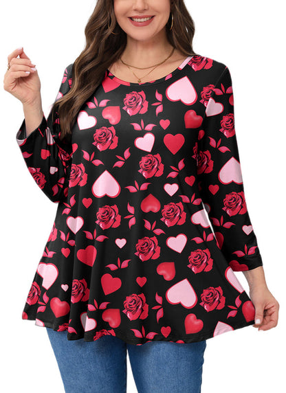 Valentine Rose & Heart Print Tunic Top – Women's Plus Size 3/4 Sleeve Swing Blouse (S–7XL) A36