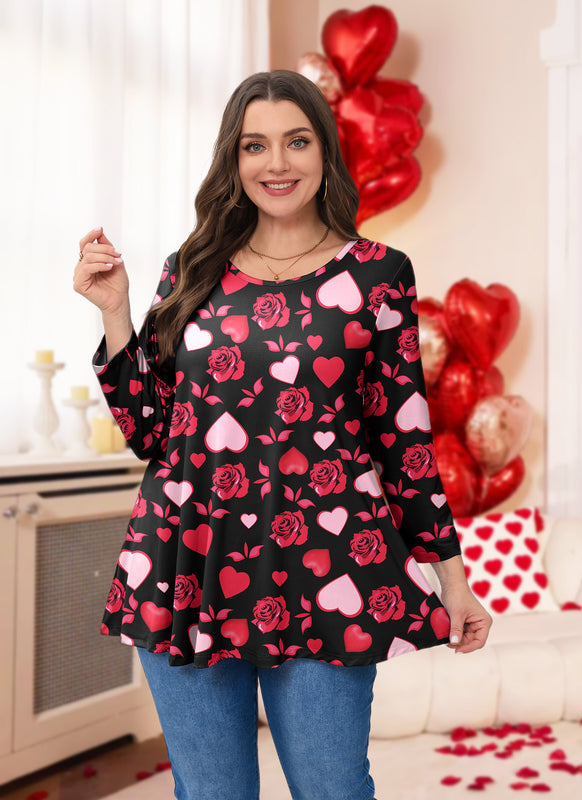 Valentine Rose & Heart Print Tunic Top – Women's Plus Size 3/4 Sleeve Swing Blouse (S–7XL) A36