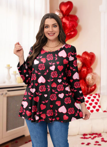 Valentine Rose & Heart Print Tunic Top – Women's Plus Size 3/4 Sleeve Swing Blouse (S–7XL) A36